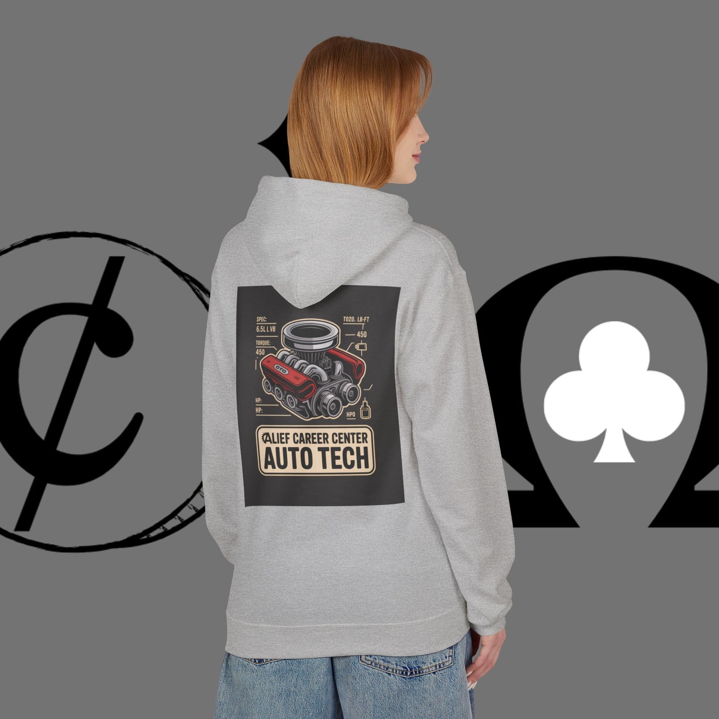 Auto Tech Hoodie — Red Car & Engine Diagram Graphic