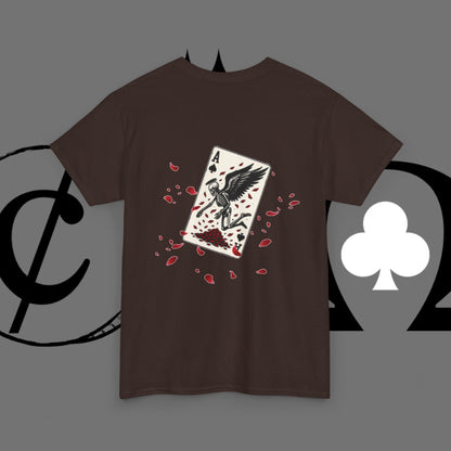 Ace of Crows T‑Shirt — Gothic Playing Card Tee with Raven & Blood Drop Design