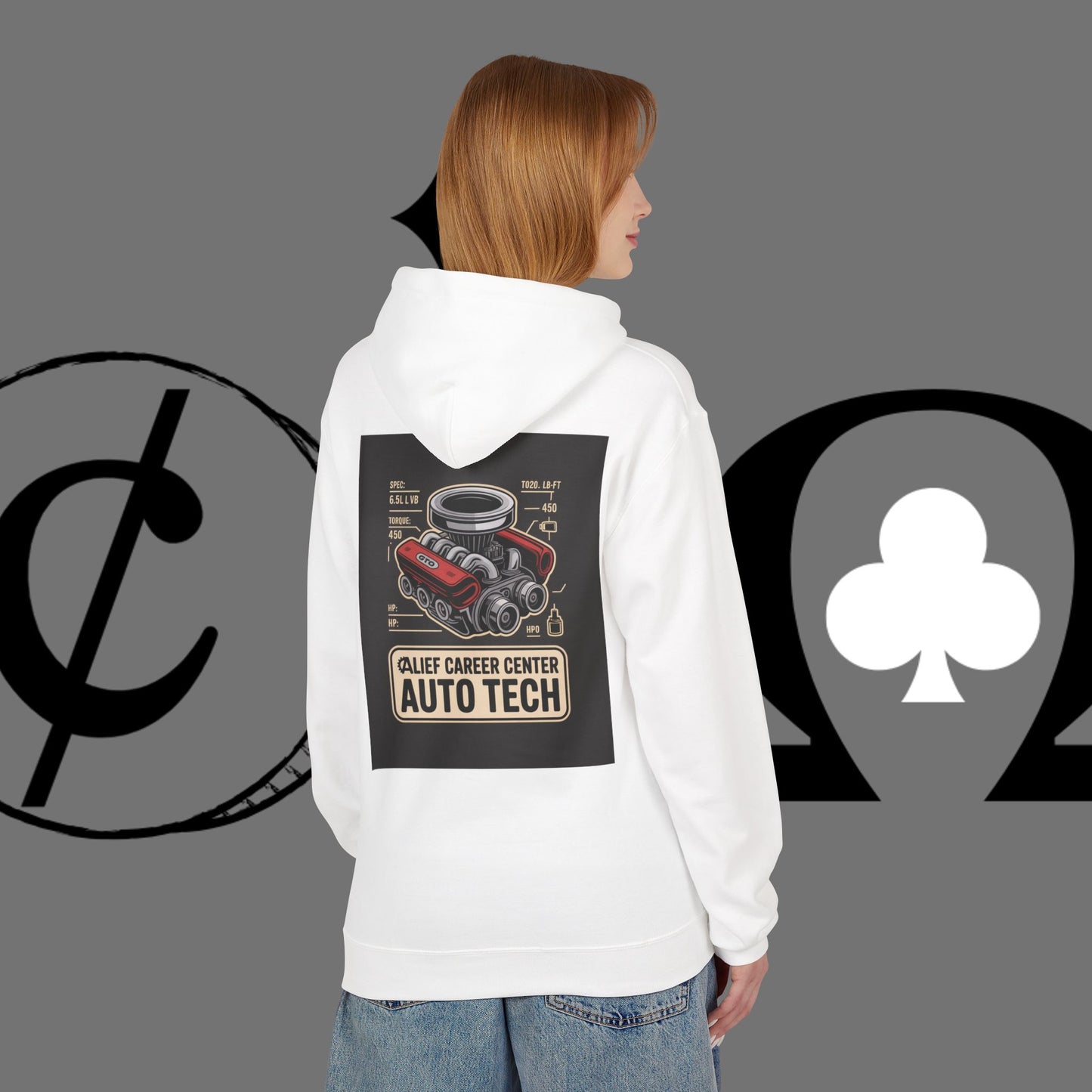 Auto Tech Hoodie — Red Car & Engine Diagram Graphic