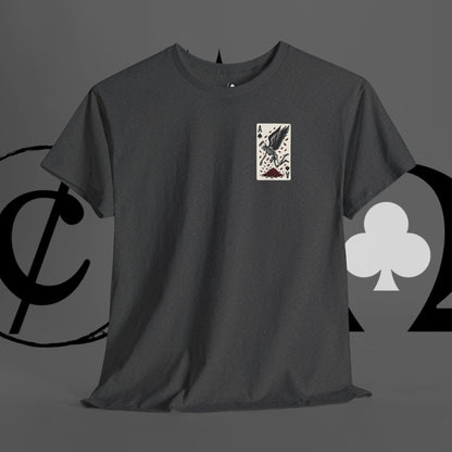 Ace of Crows T‑Shirt — Gothic Playing Card Tee with Raven & Blood Drop Design