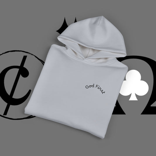 Diamond Floral Hoodie — Minimal White Relaxed Hoodie with Black Floral Emblem