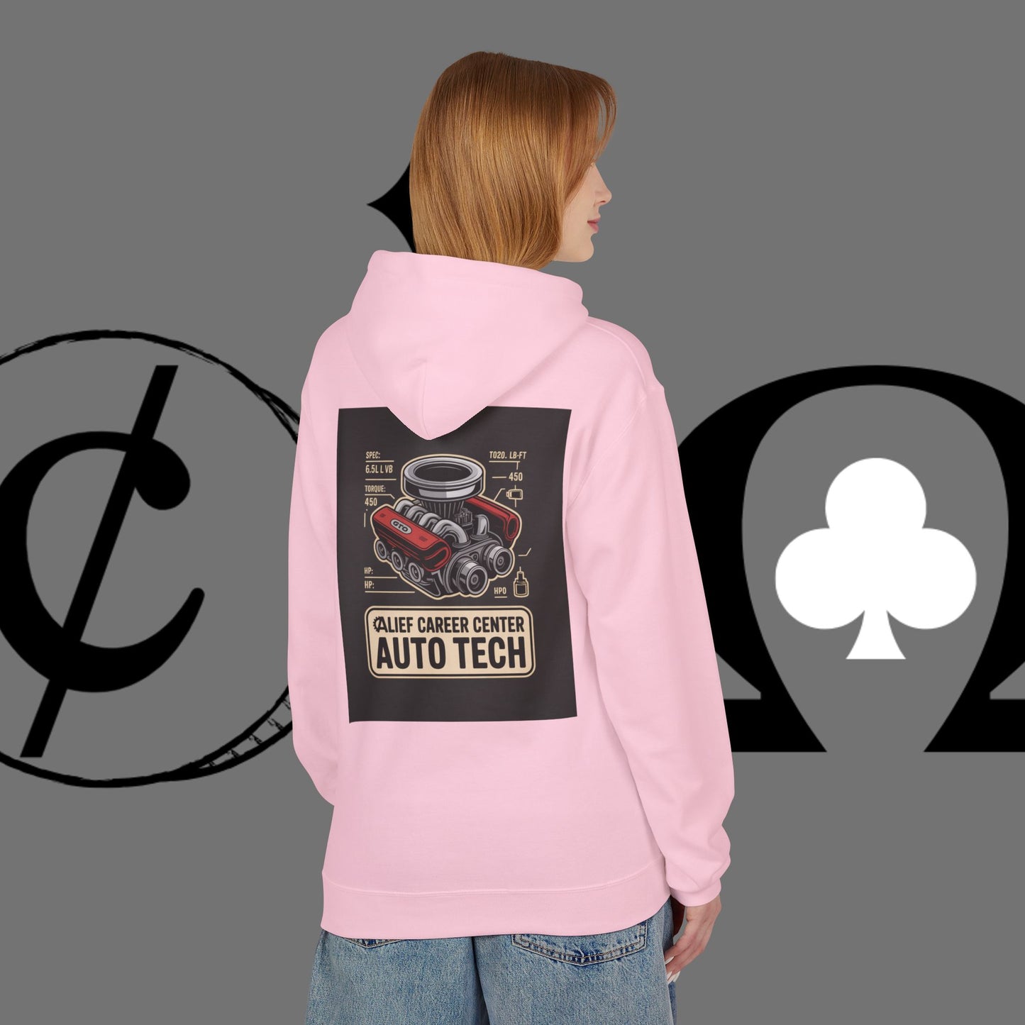 Auto Tech Hoodie — Red Car & Engine Diagram Graphic