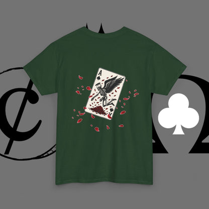 Ace of Crows T‑Shirt — Gothic Playing Card Tee with Raven & Blood Drop Design