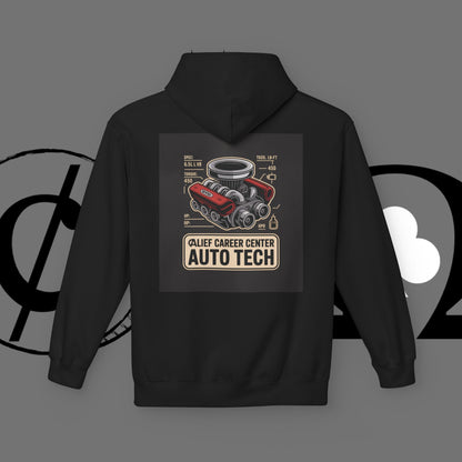 Auto Tech Hoodie — Red Car & Engine Diagram Graphic