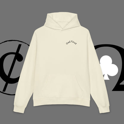 Diamond Floral Hoodie — Minimal White Relaxed Hoodie with Black Floral Emblem