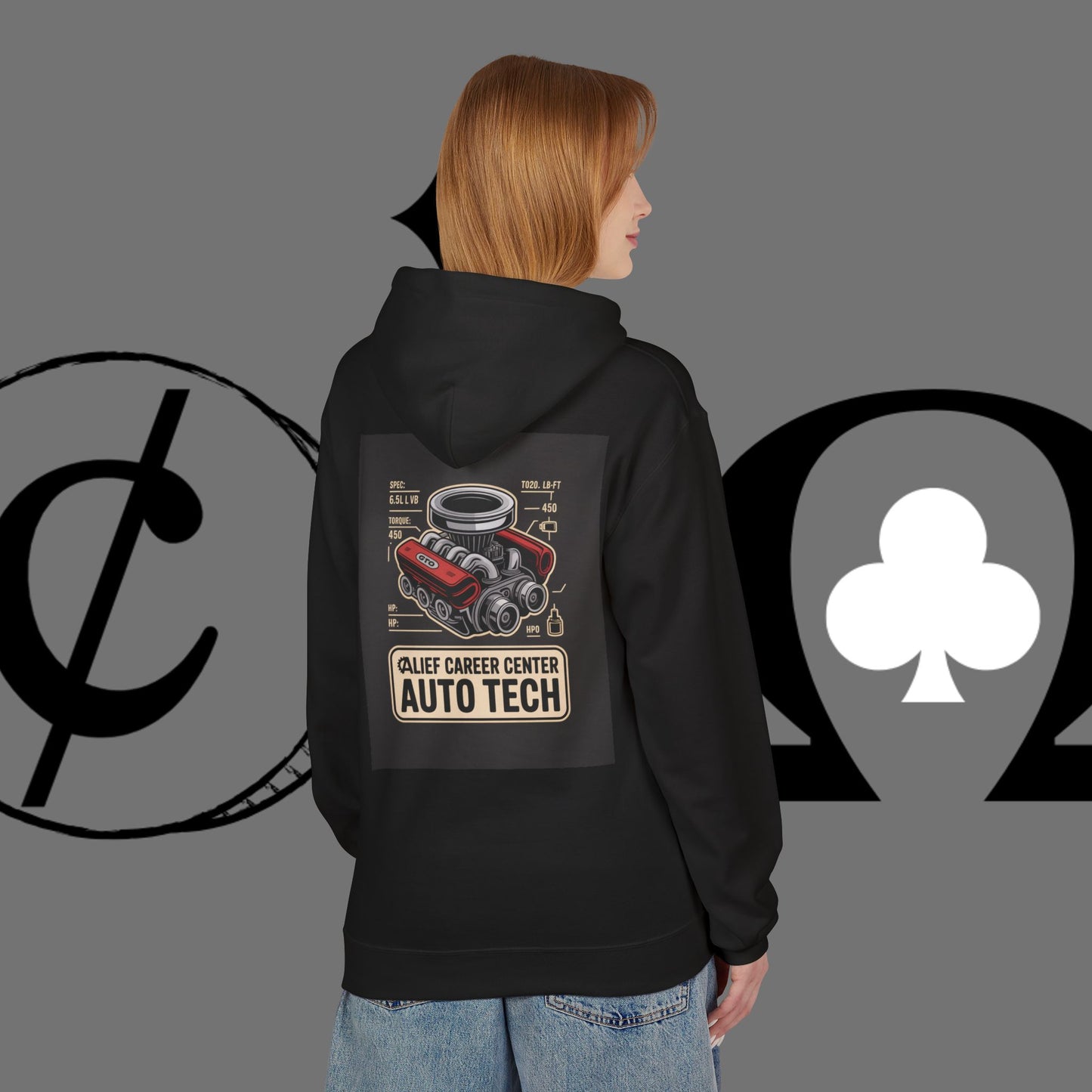 Auto Tech Hoodie — Red Car & Engine Diagram Graphic