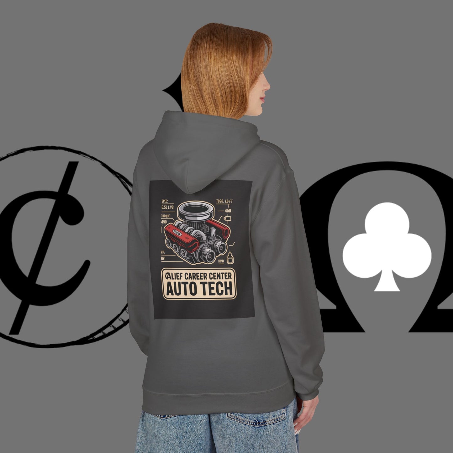Auto Tech Hoodie — Red Car & Engine Diagram Graphic