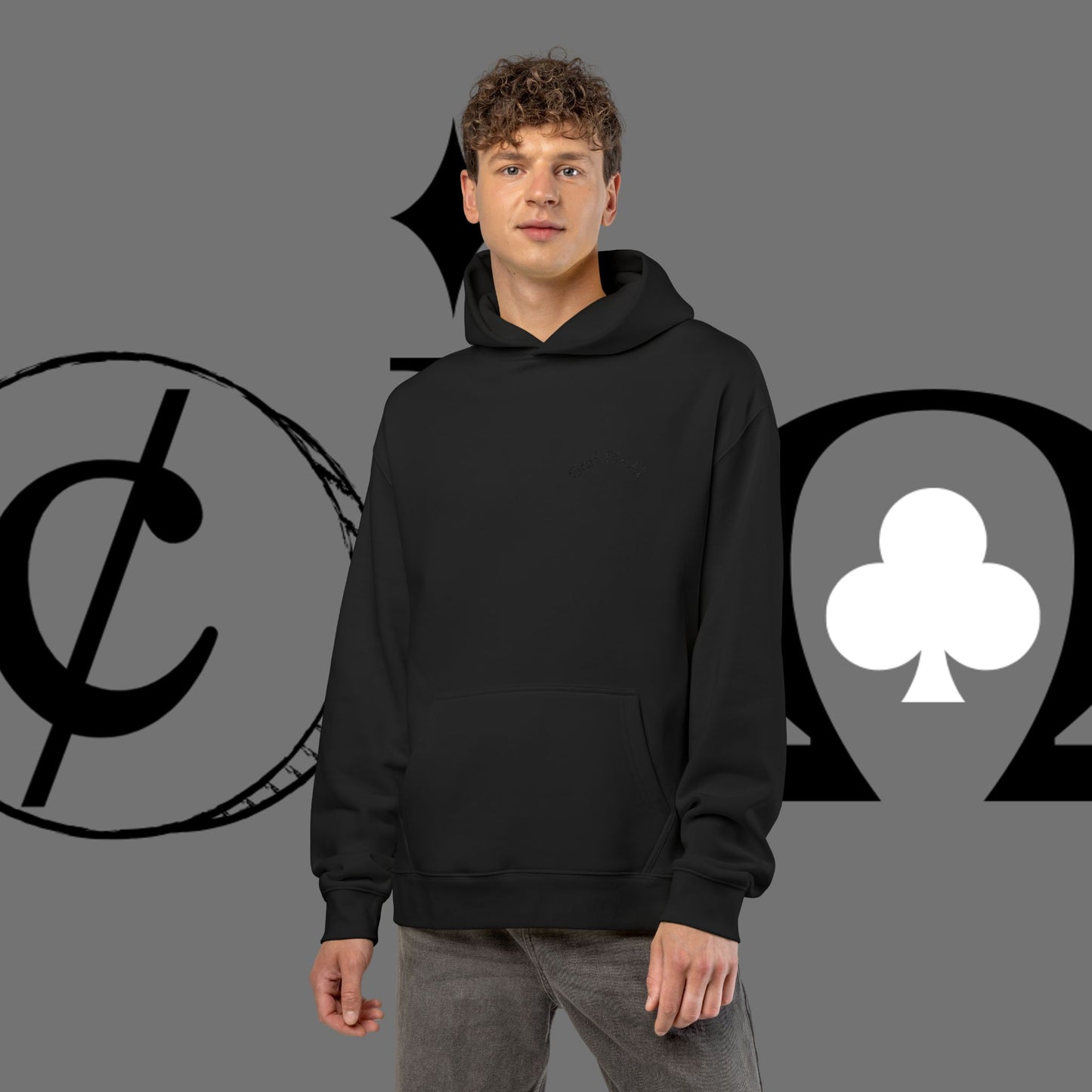 Diamond Floral Hoodie — Minimal White Relaxed Hoodie with Black Floral Emblem