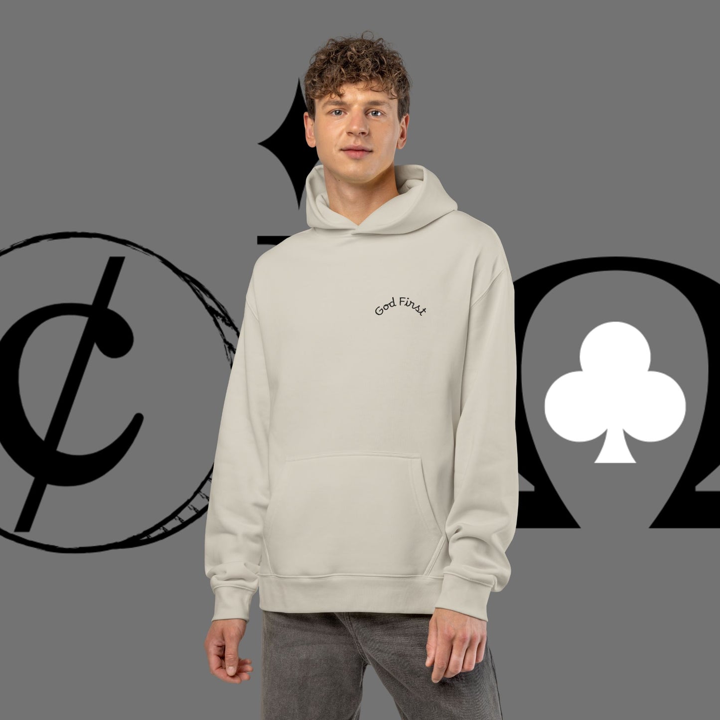 Diamond Floral Hoodie — Minimal White Relaxed Hoodie with Black Floral Emblem