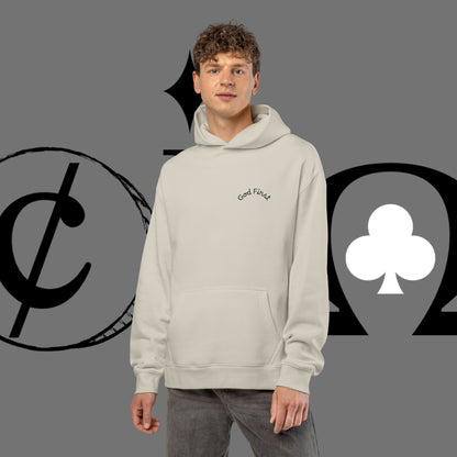 Diamond Floral Hoodie — Minimal White Relaxed Hoodie with Black Floral Emblem