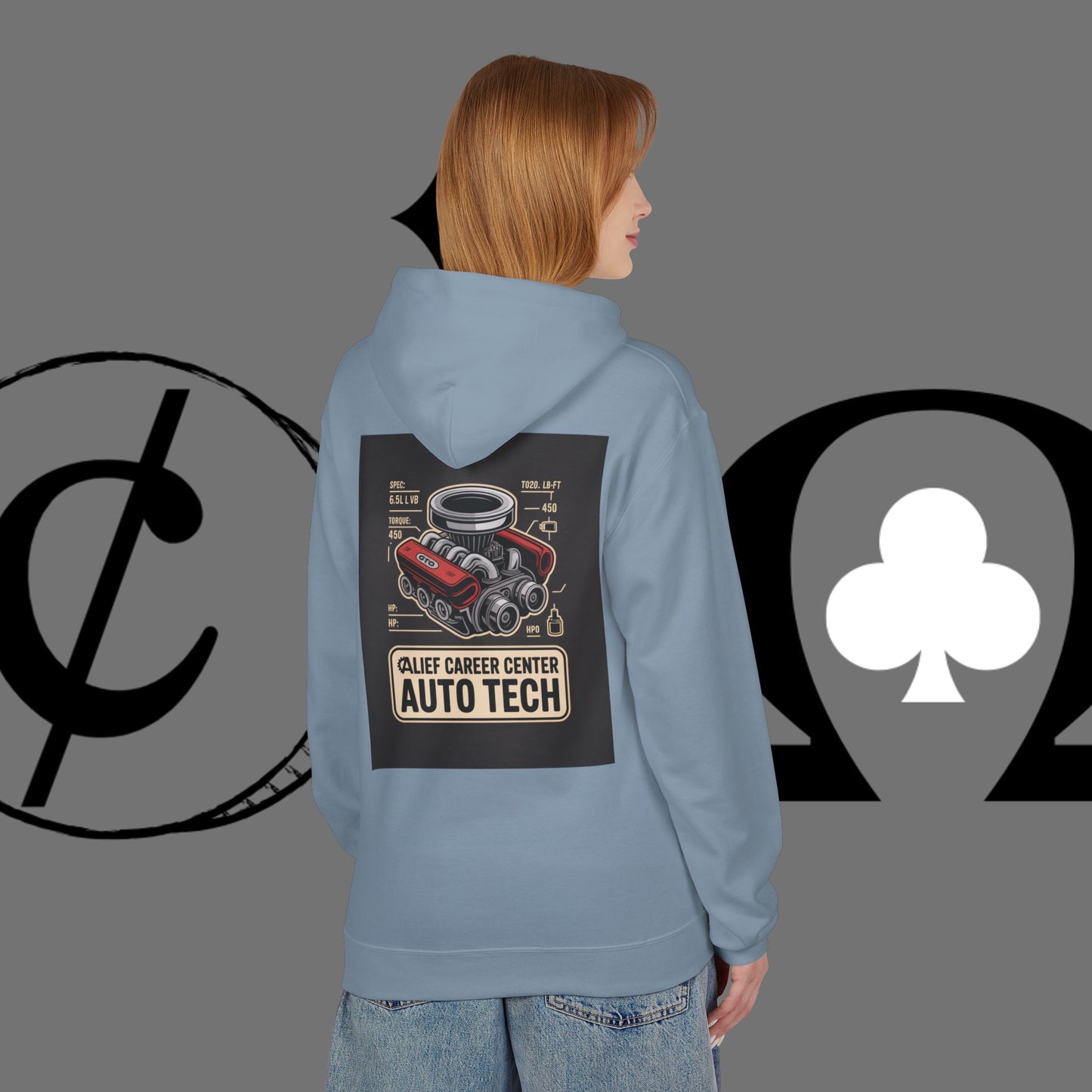Auto Tech Hoodie — Red Car & Engine Diagram Graphic
