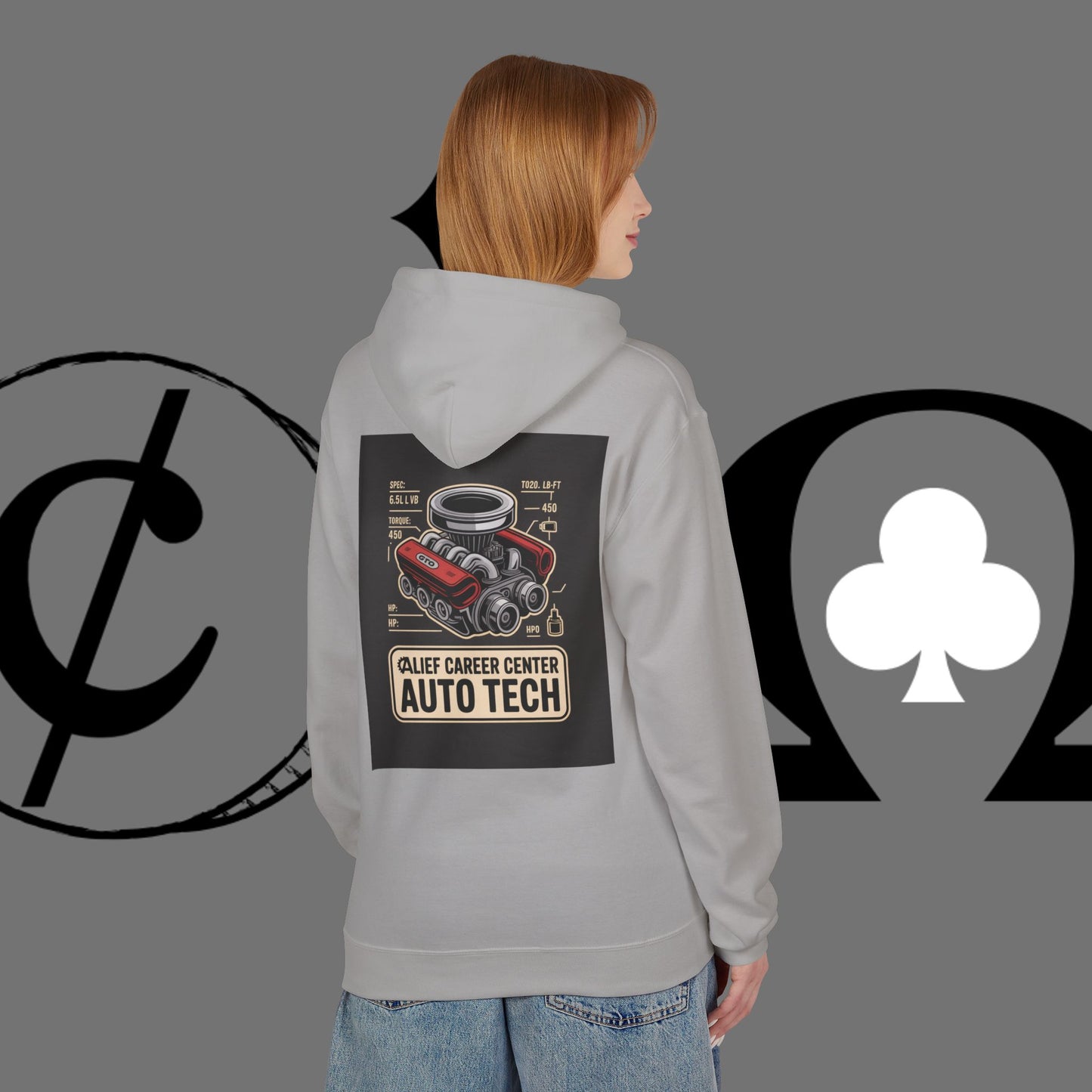 Auto Tech Hoodie — Red Car & Engine Diagram Graphic