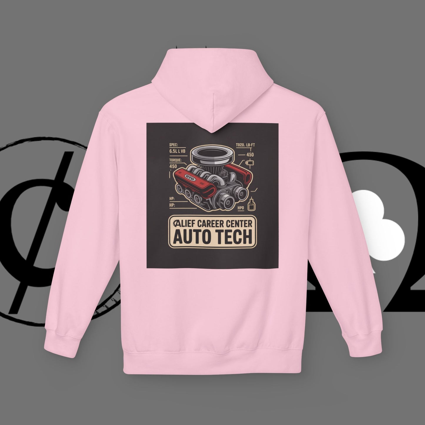 Auto Tech Hoodie — Red Car & Engine Diagram Graphic