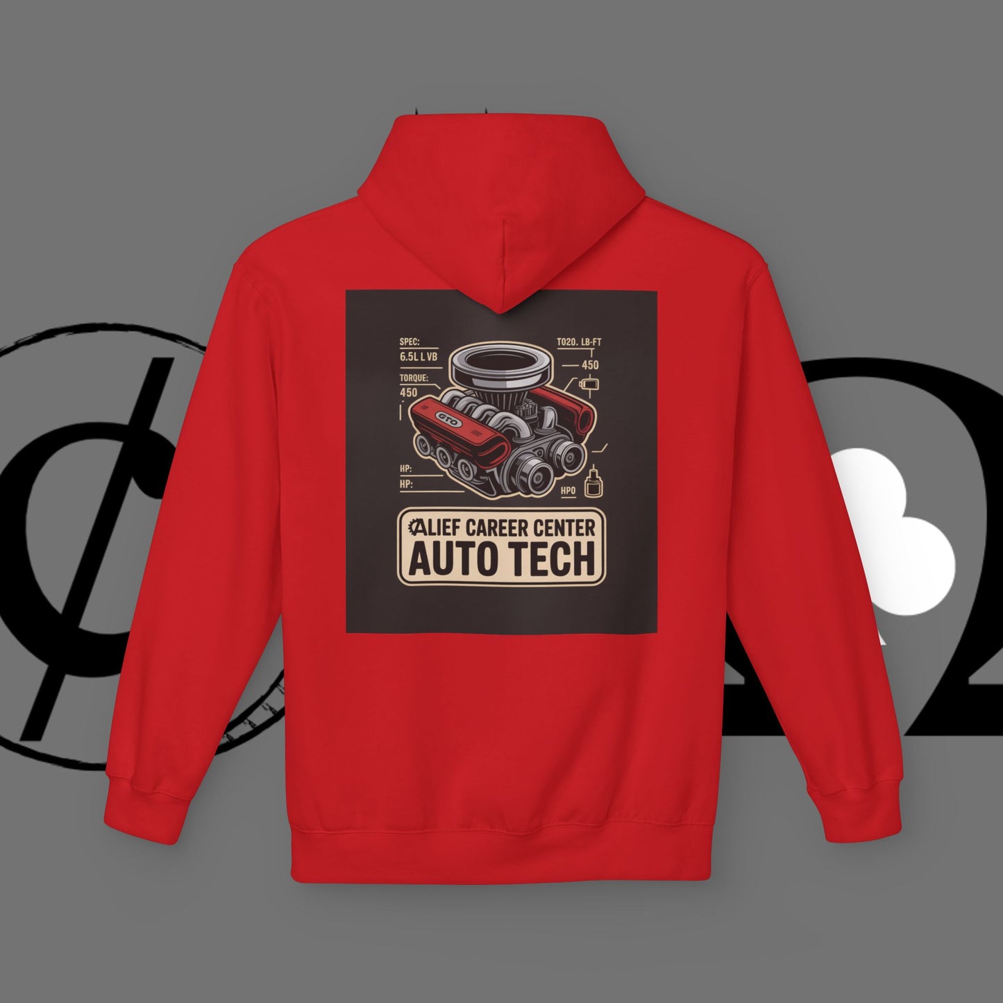 Auto Tech Hoodie — Red Car & Engine Diagram Graphic