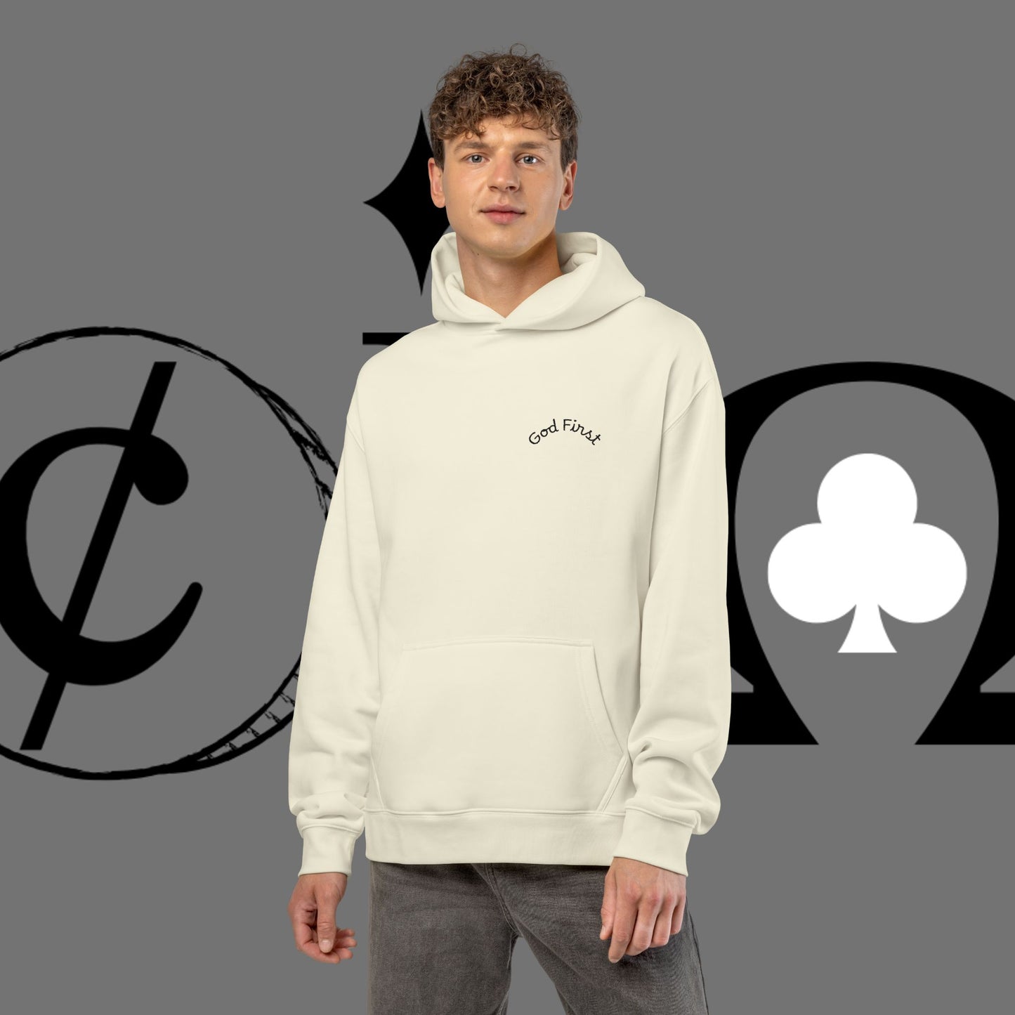 Diamond Floral Hoodie — Minimal White Relaxed Hoodie with Black Floral Emblem