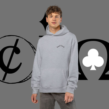 Diamond Floral Hoodie — Minimal White Relaxed Hoodie with Black Floral Emblem