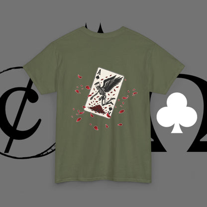 Ace of Crows T‑Shirt — Gothic Playing Card Tee with Raven & Blood Drop Design