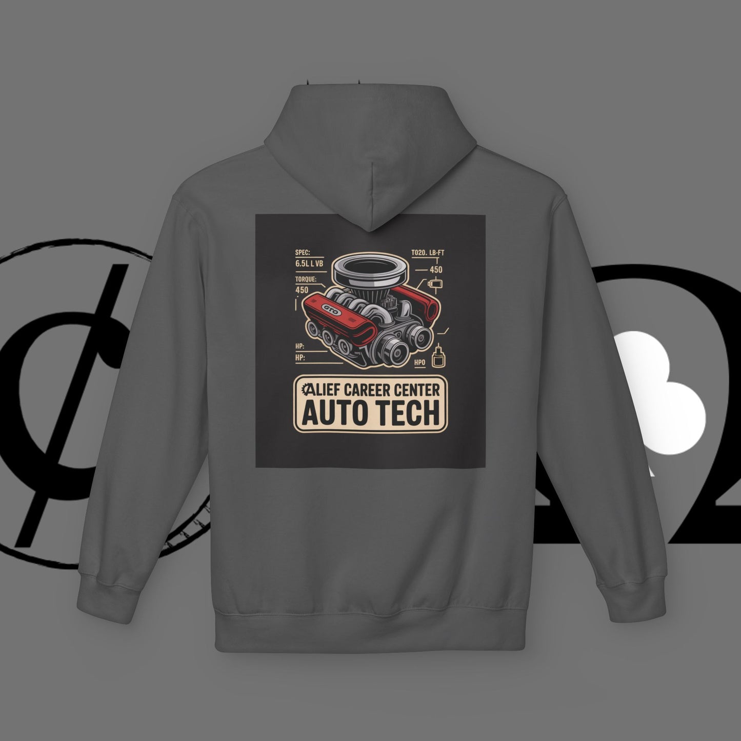 Auto Tech Hoodie — Red Car & Engine Diagram Graphic