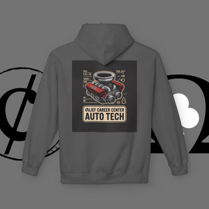 Auto Tech Hoodie — Red Car & Engine Diagram Graphic