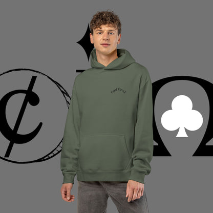 Diamond Floral Hoodie — Minimal White Relaxed Hoodie with Black Floral Emblem