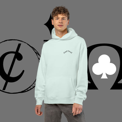 Diamond Floral Hoodie — Minimal White Relaxed Hoodie with Black Floral Emblem