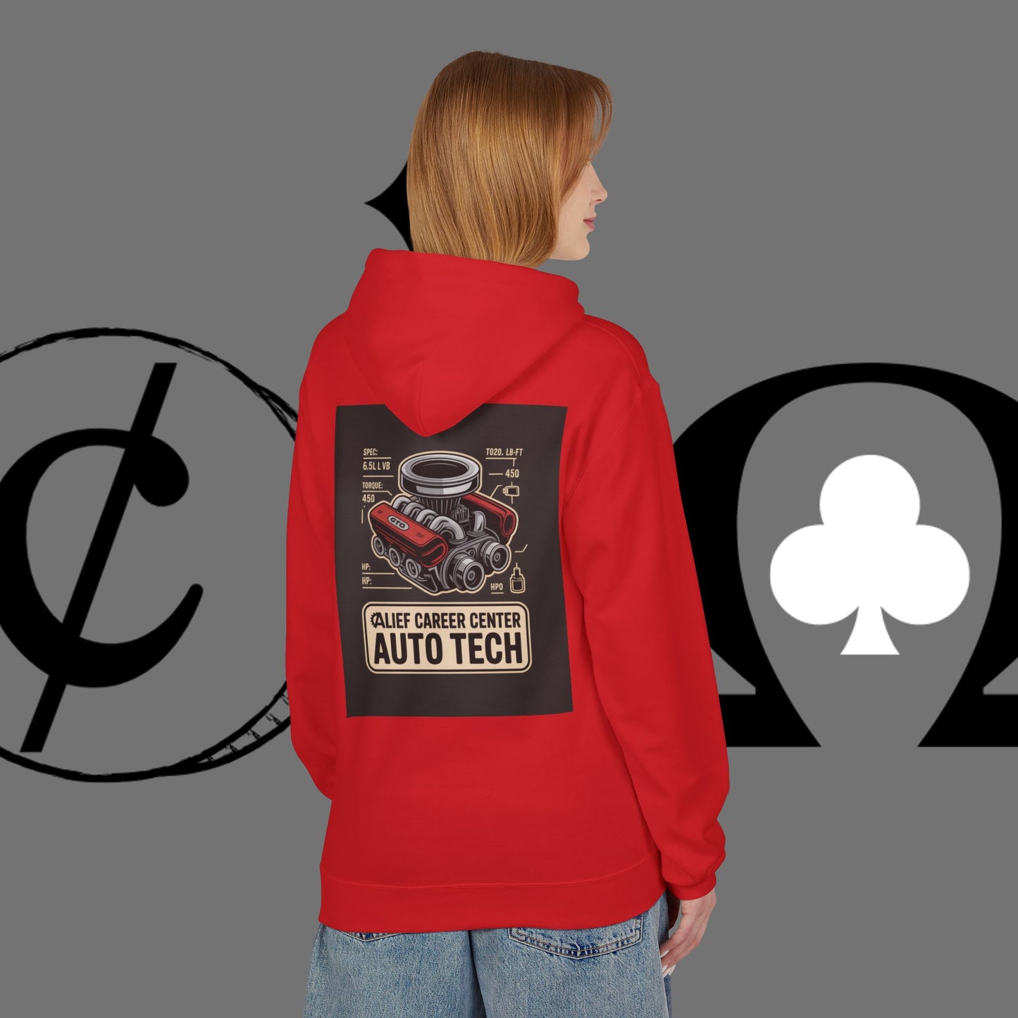 Auto Tech Hoodie — Red Car & Engine Diagram Graphic