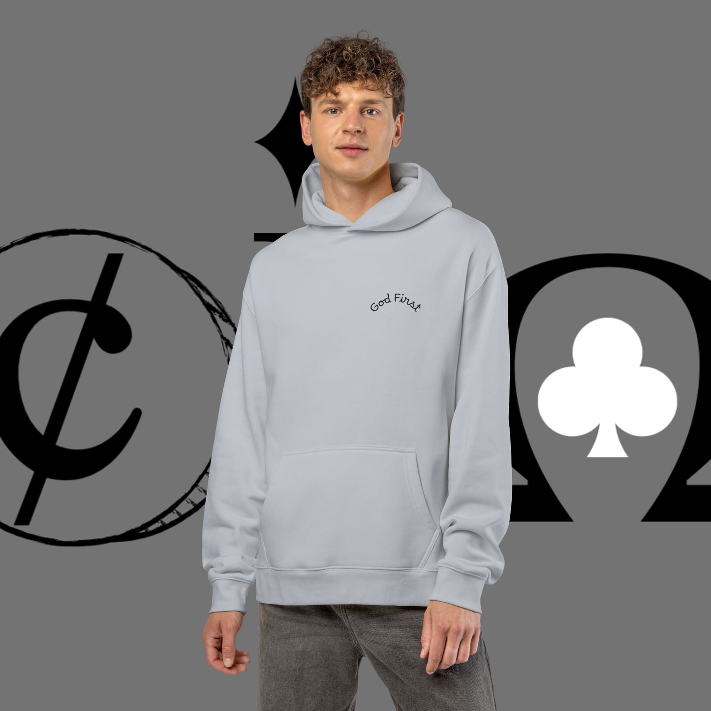 Diamond Floral Hoodie — Minimal White Relaxed Hoodie with Black Floral Emblem