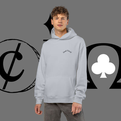 Diamond Floral Hoodie — Minimal White Relaxed Hoodie with Black Floral Emblem