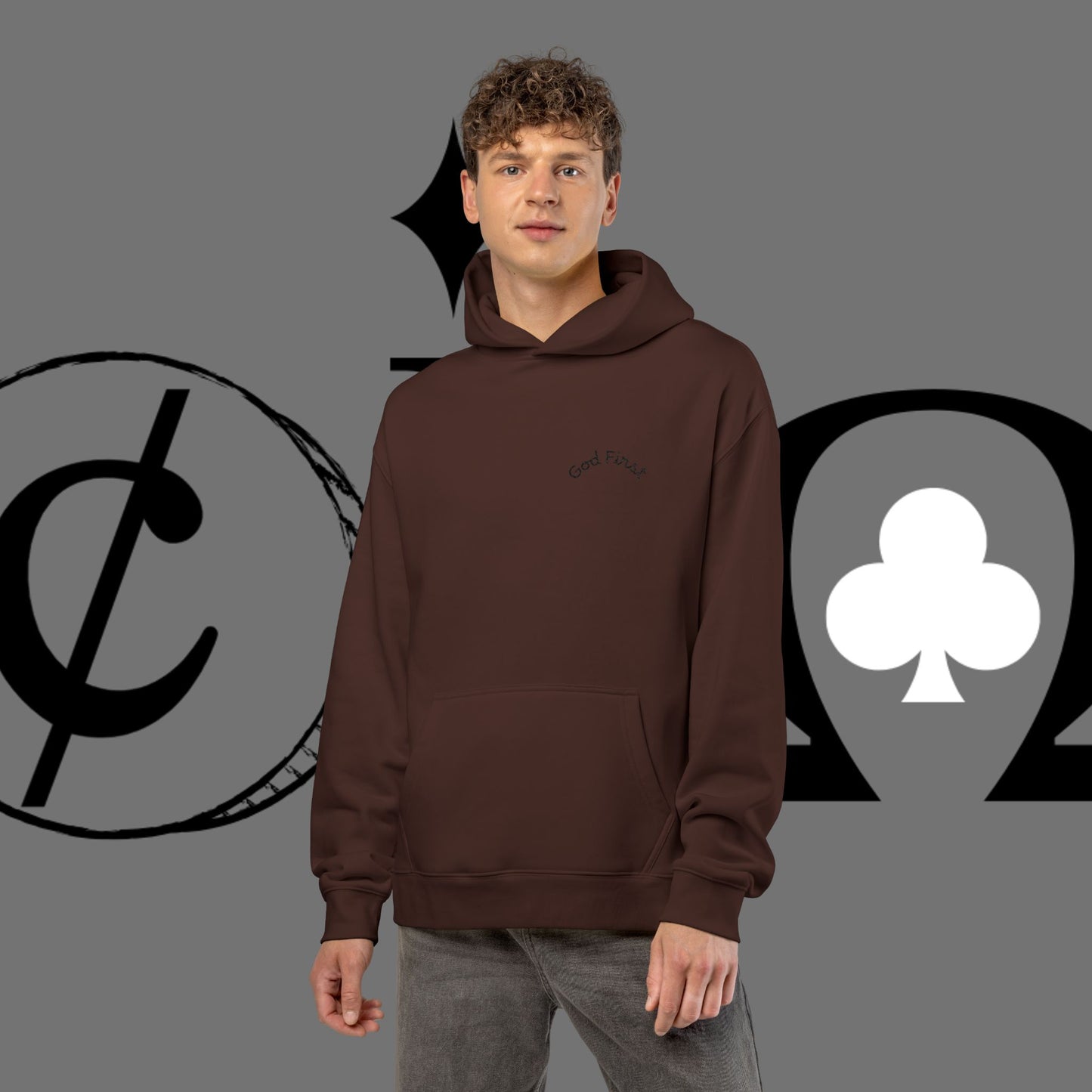 Diamond Floral Hoodie — Minimal White Relaxed Hoodie with Black Floral Emblem