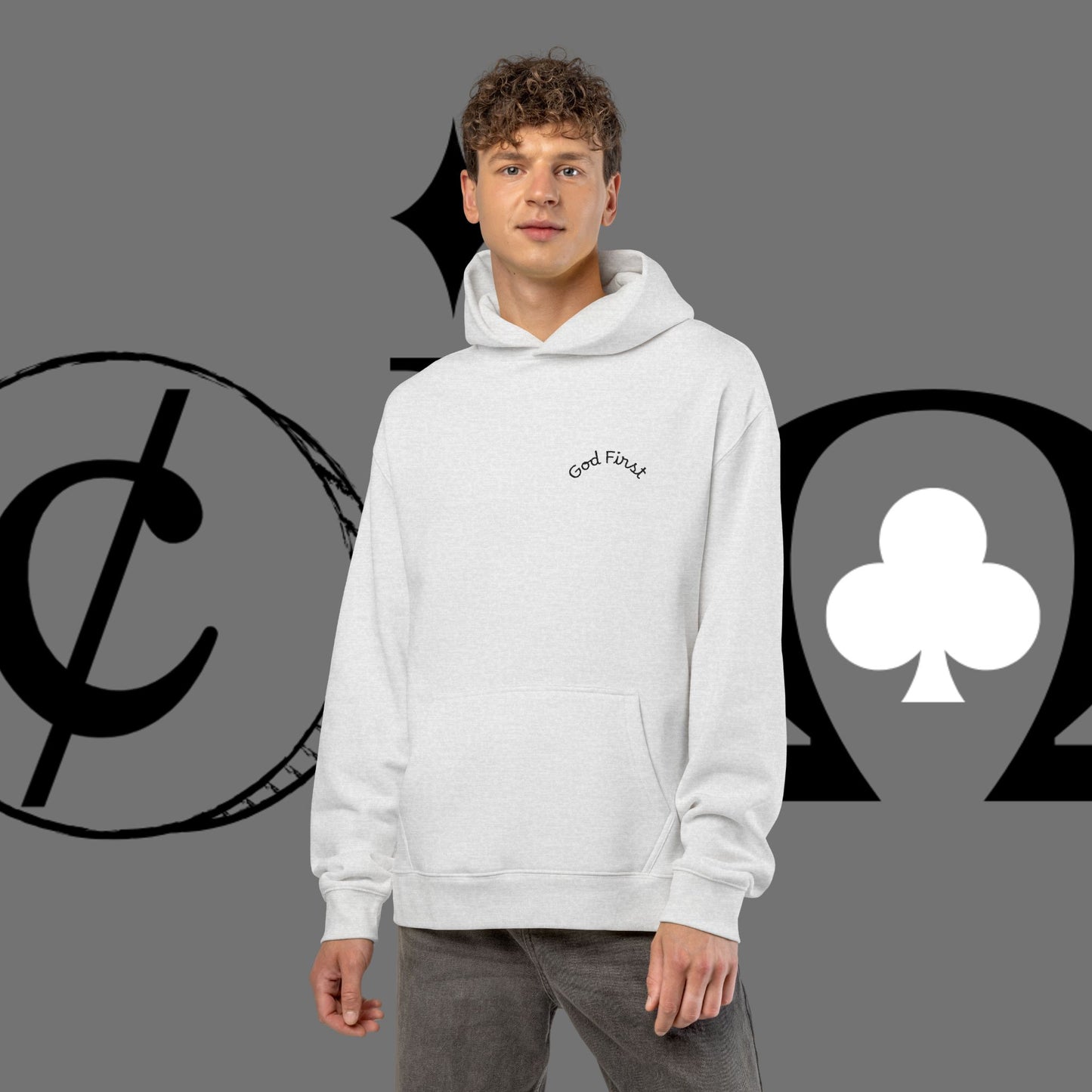 Diamond Floral Hoodie — Minimal White Relaxed Hoodie with Black Floral Emblem