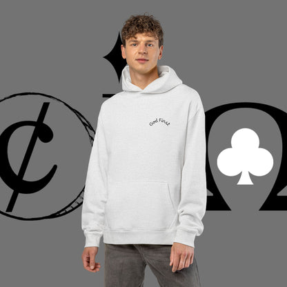 Diamond Floral Hoodie — Minimal White Relaxed Hoodie with Black Floral Emblem