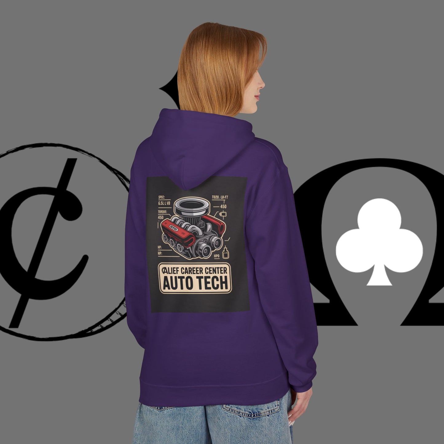 Auto Tech Hoodie — Red Car & Engine Diagram Graphic