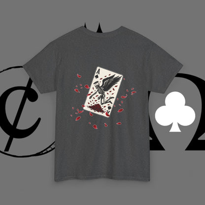 Ace of Crows T‑Shirt — Gothic Playing Card Tee with Raven & Blood Drop Design